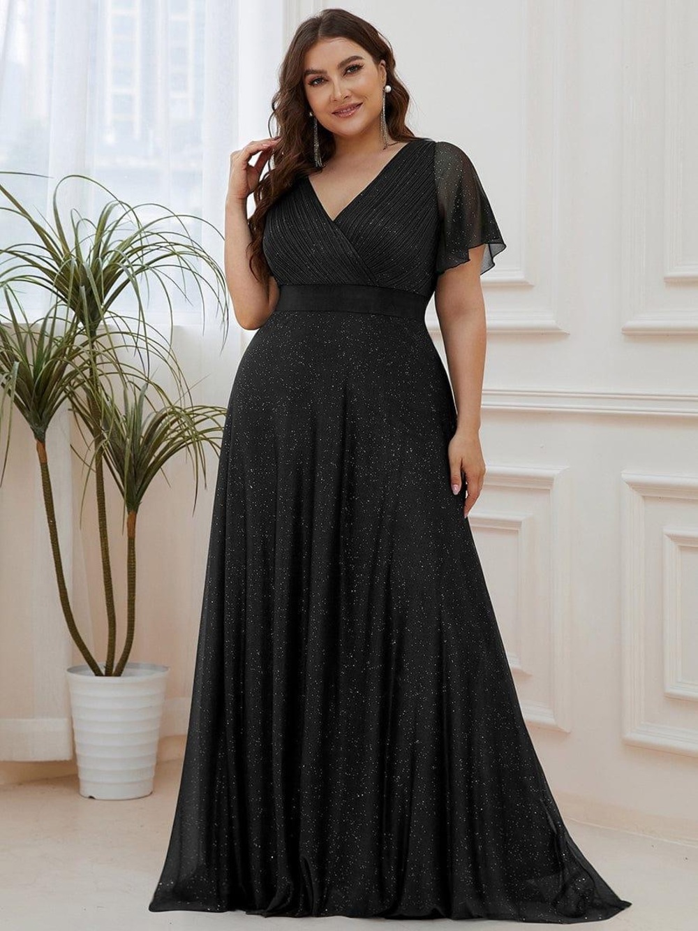 Ever Pretty Black Sparkle V-Neck Maxi Dress